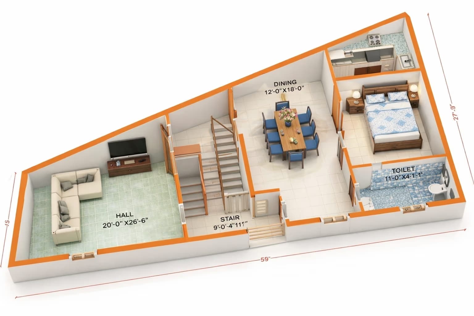 3D floor plan with staircase and dining layout by MakeHouse in Gaya, Bihar