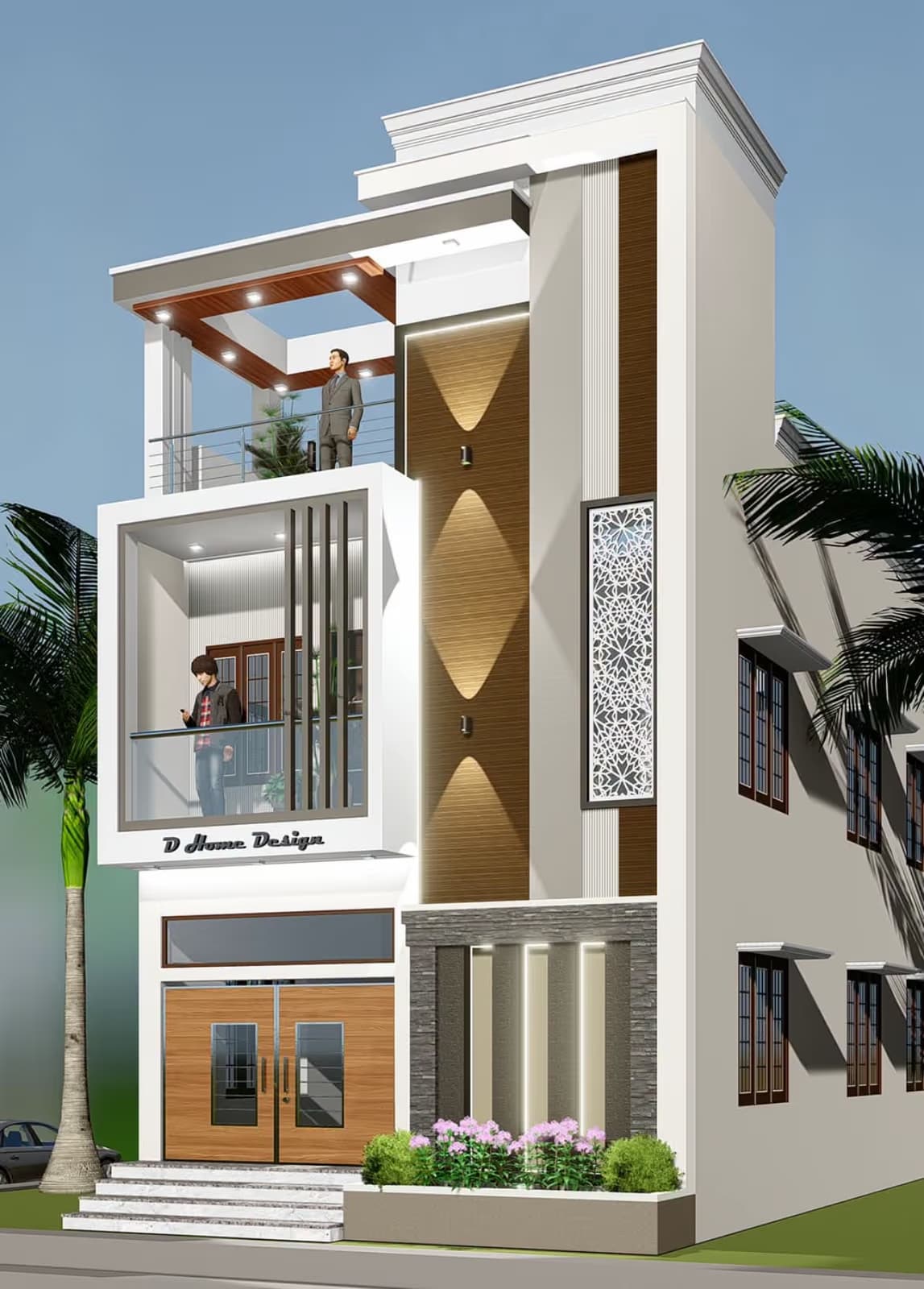 Contemporary house elevation design with decorative jali screen by MakeHouse in Ranchi, Jharkhand