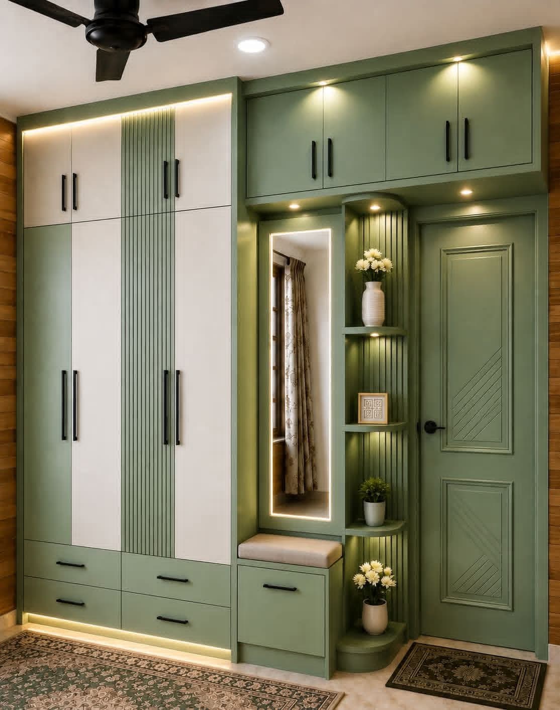 Green wardrobe design with mirror panel and lighting by MakeHouse in Varanasi