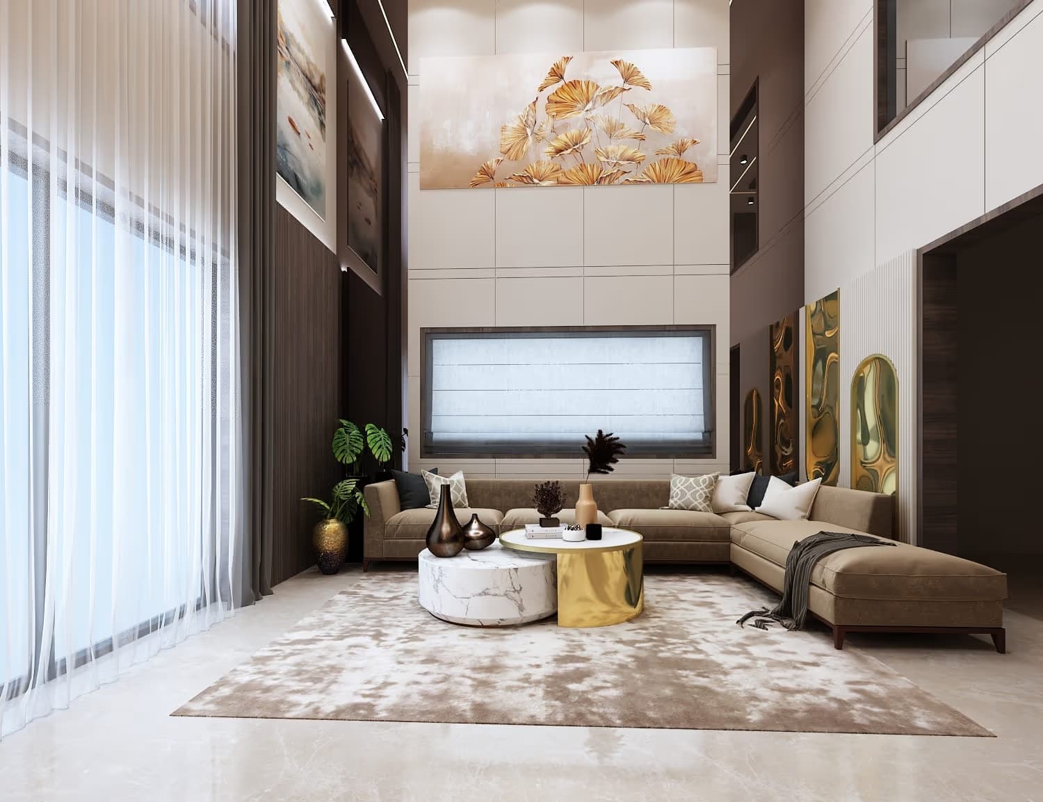 Living room 3D design with marble TV unit and false ceiling by MakeHouse in Varanasi