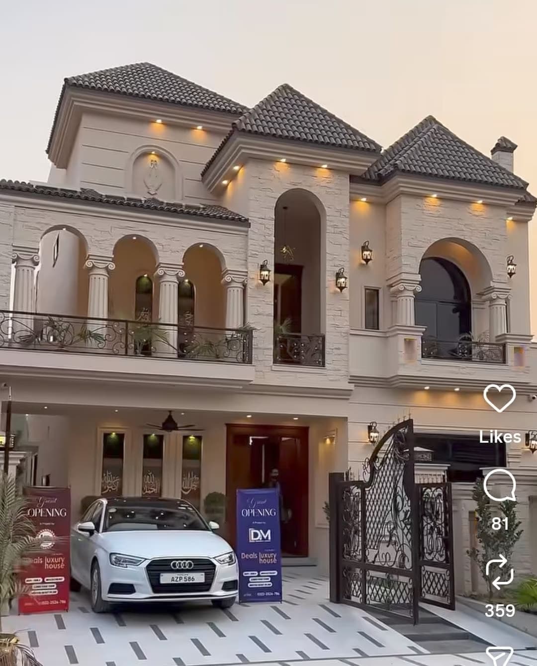 Luxury classical kothi elevation with arches and night lighting built by MakeHouse in Patna, Bihar