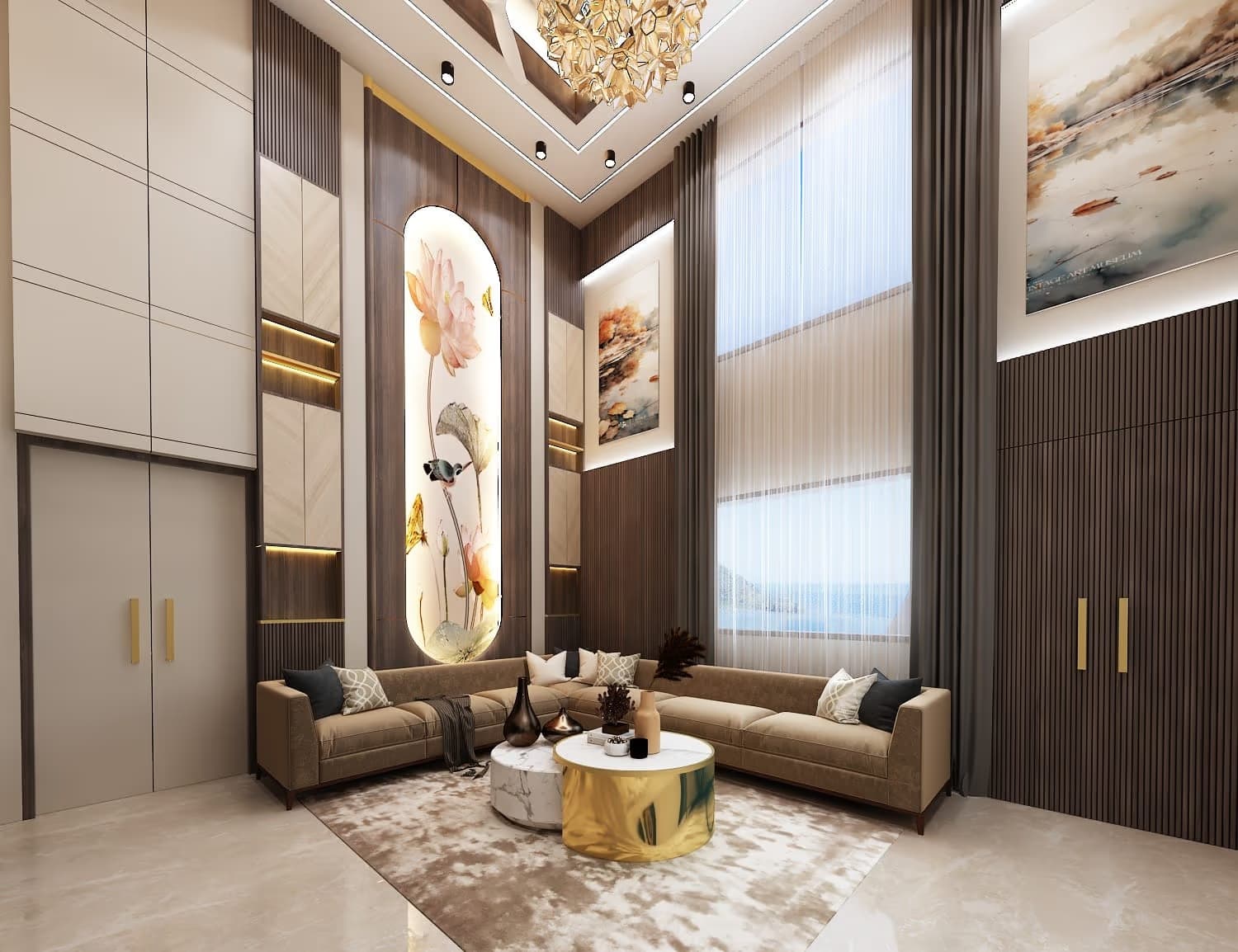 Luxury living room 3D interior design with gold accents by MakeHouse for a client in Lucknow