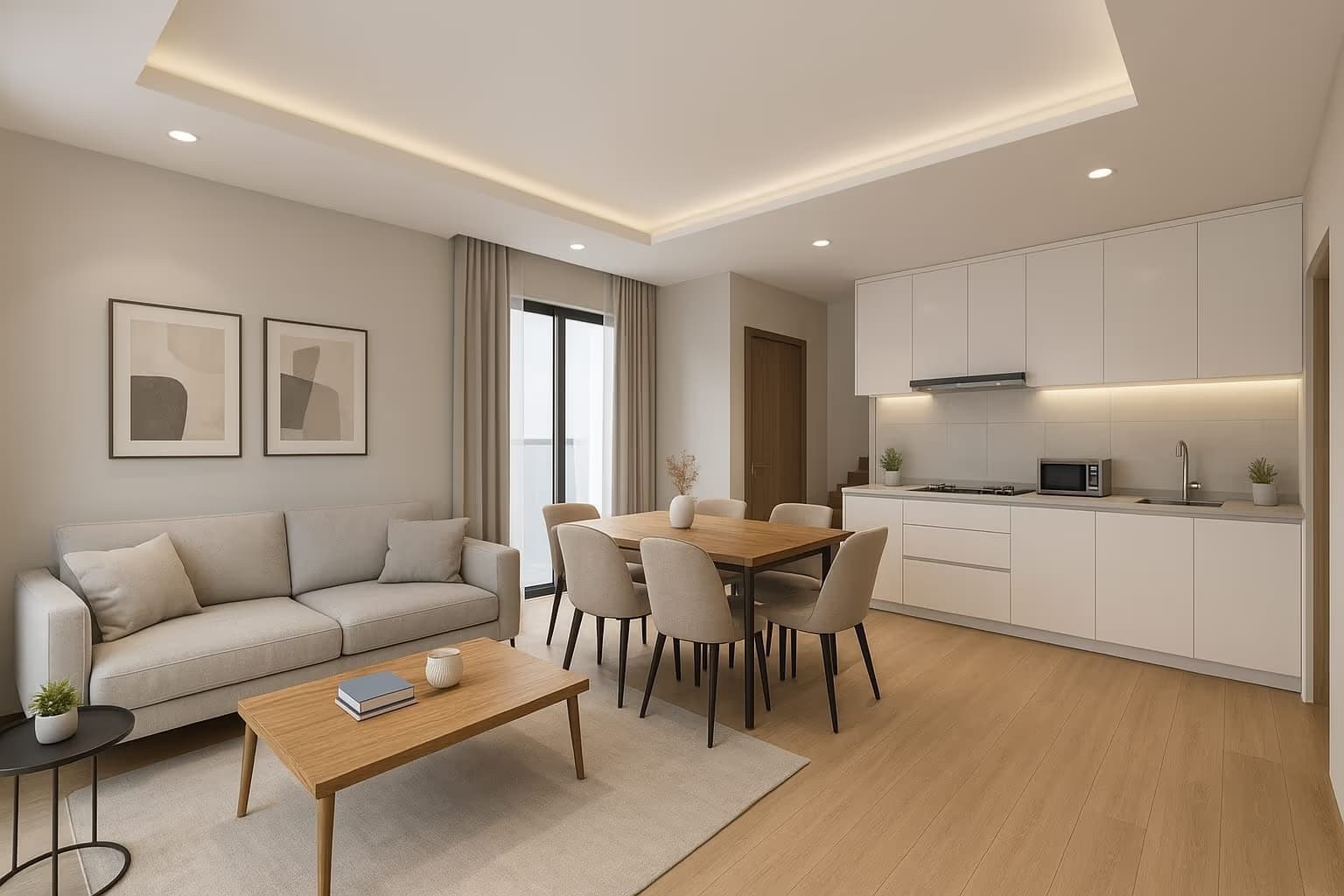 Modern dining room 3D design with wooden table and balcony access by MakeHouse in Patna