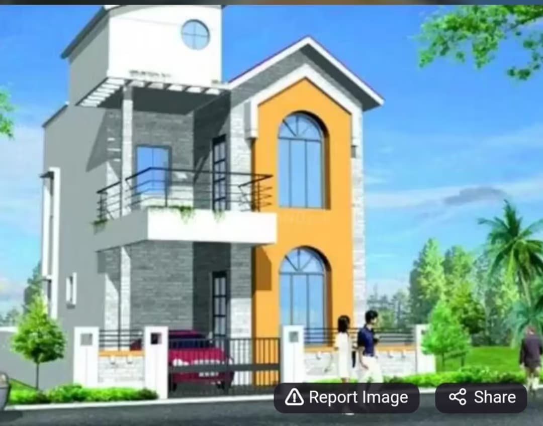 Modern house front elevation with yellow accent and balcony by MakeHouse in Gaya, Bihar