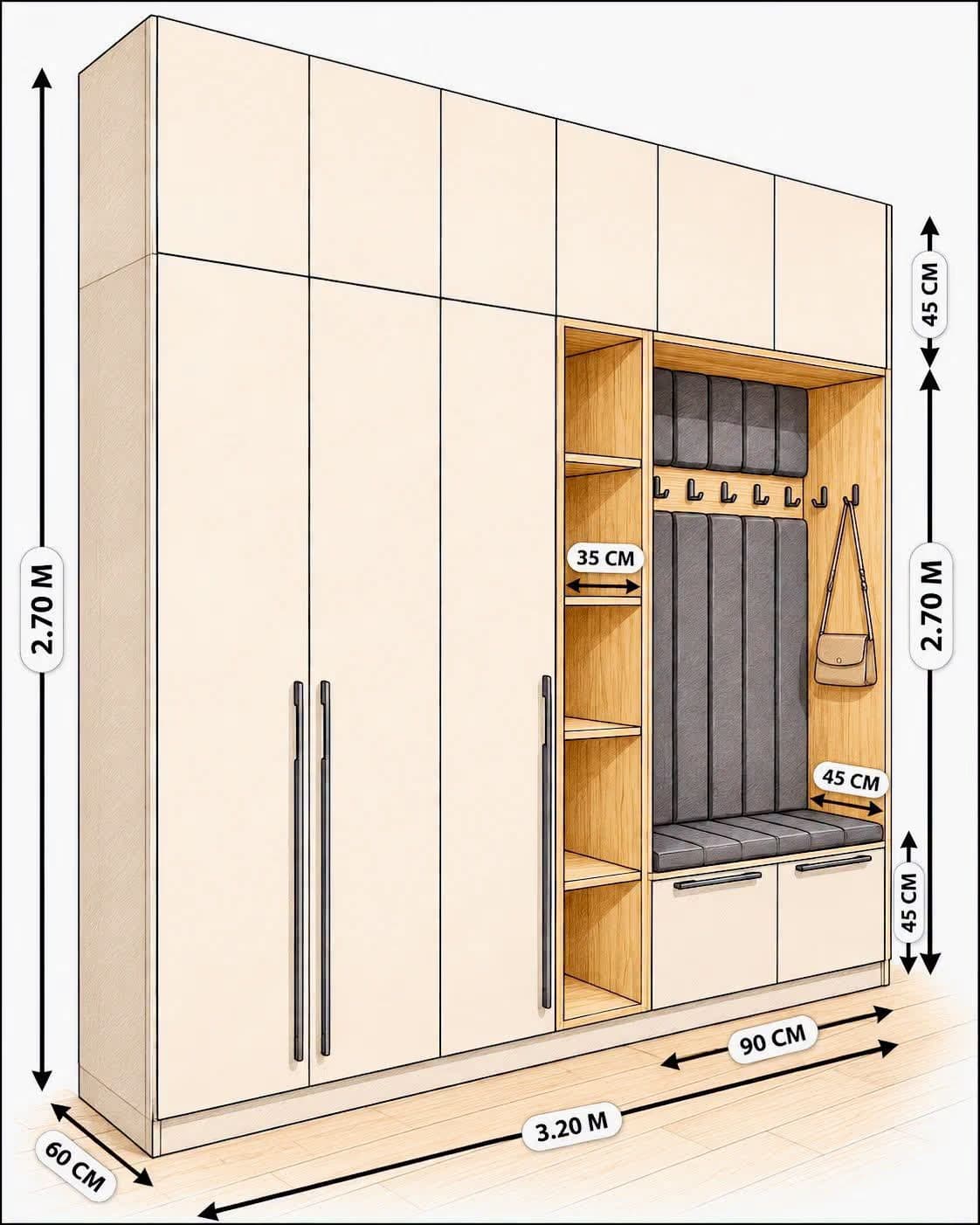 Modular wardrobe design in beige and wood finish by MakeHouse in Patna, Bihar